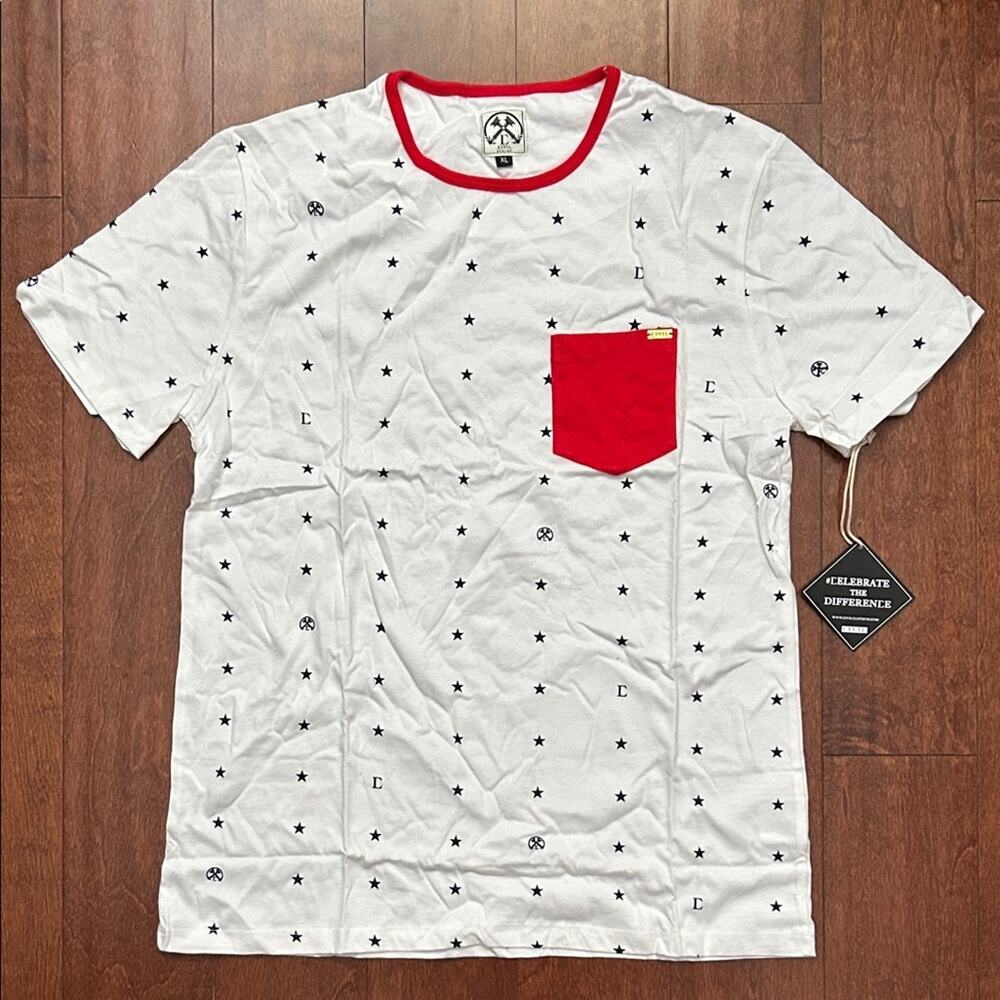 White Star-Print Men's Pocket Tee with Red Trim